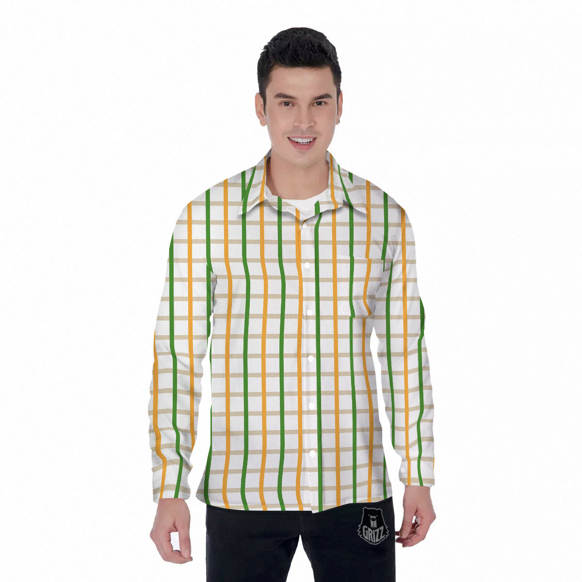 Tattersall Orange And Green Line Print Men's Long Sleeve Shirts-grizzshop