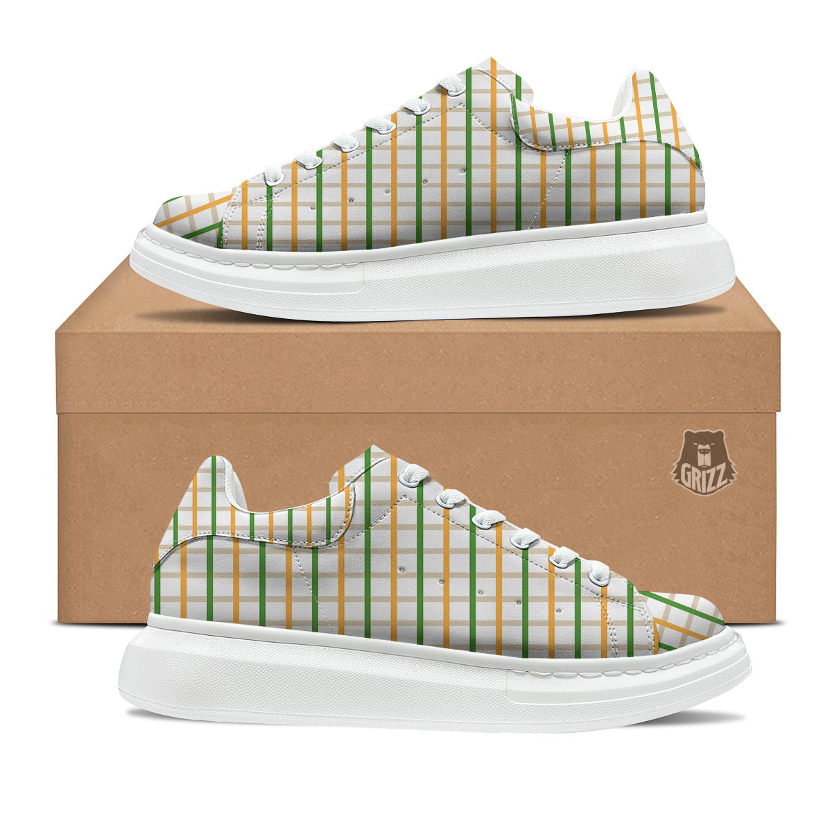 Tattersall Orange And Green Line Print Platform Shoes-grizzshop