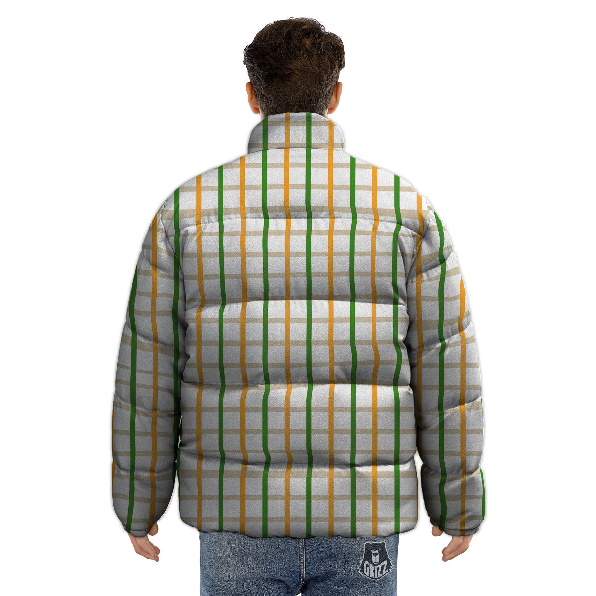 Tattersall Orange And Green Line Print Puffer Jacket-grizzshop