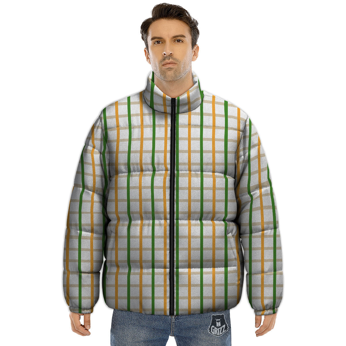 Tattersall Orange And Green Line Print Puffer Jacket-grizzshop