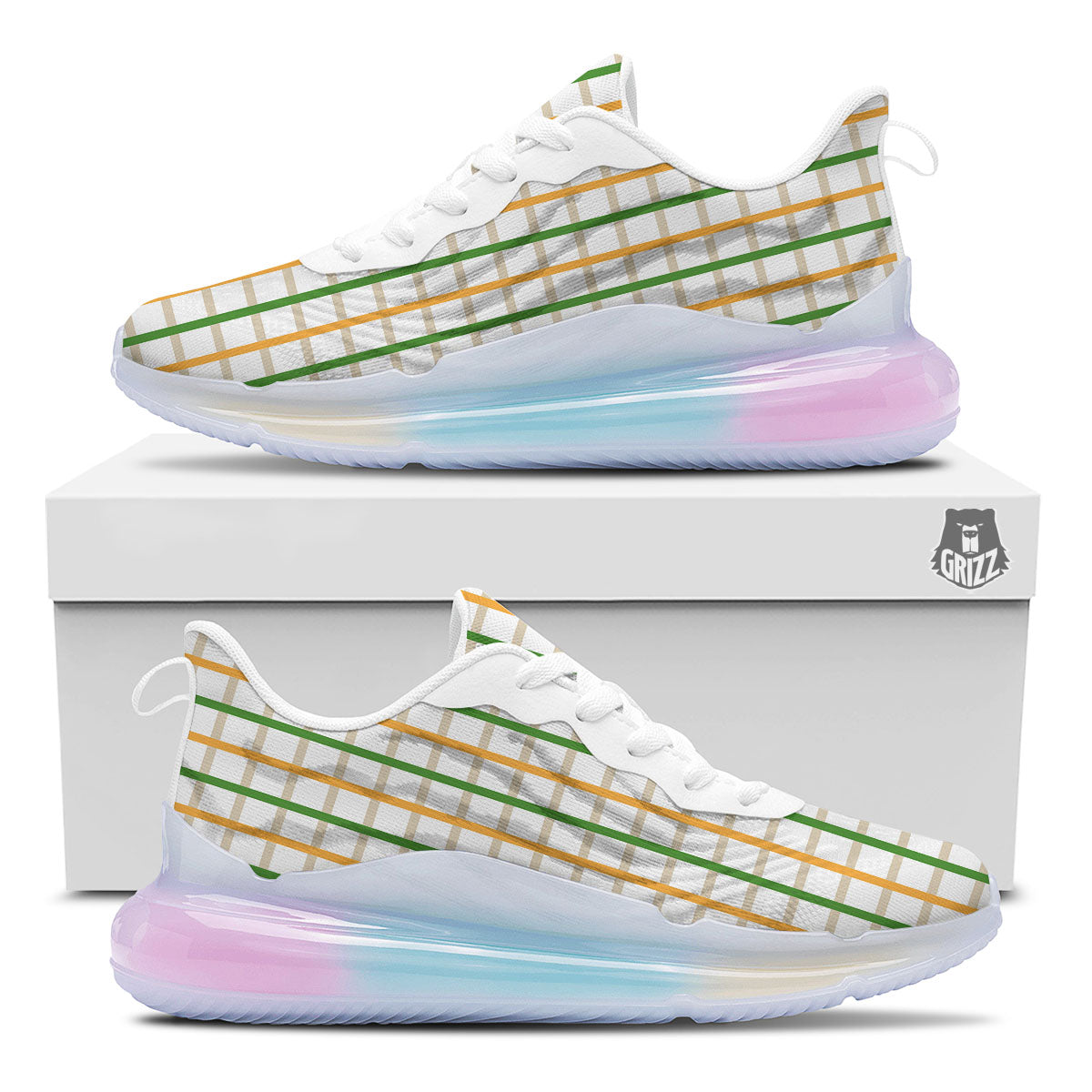Tattersall Orange And Green Line Print Running Sneakers-grizzshop