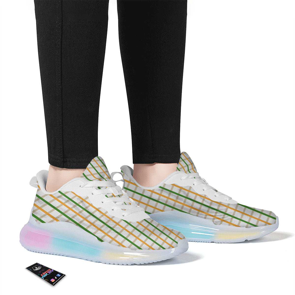 Tattersall Orange And Green Line Print Running Sneakers-grizzshop