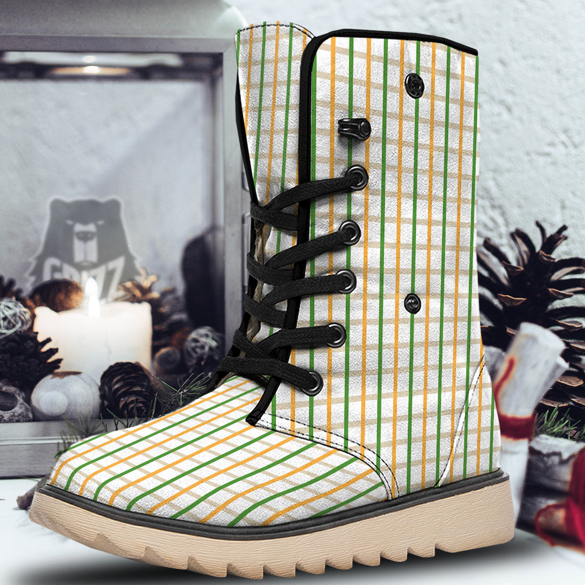 Tattersall Orange And Green Line Print Snow Boots-grizzshop