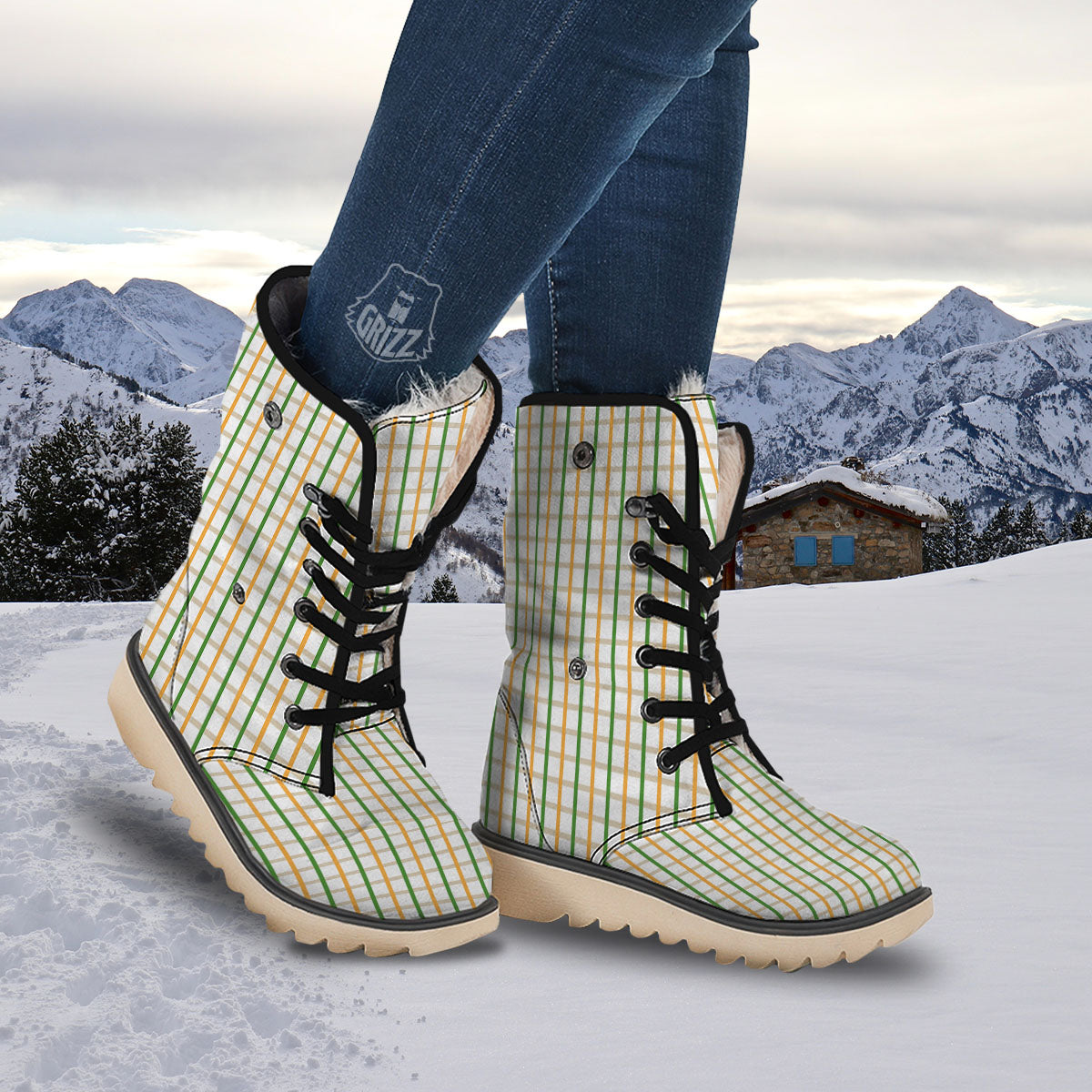 Tattersall Orange And Green Line Print Snow Boots-grizzshop