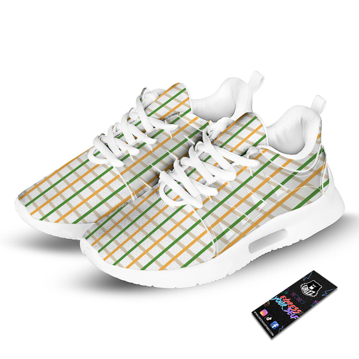 Tattersall Orange And Green Line Print Tennis Shoes-grizzshop