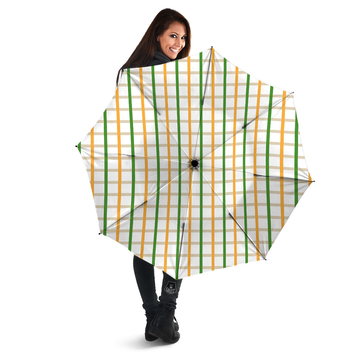 Tattersall Orange And Green Line Print Umbrella-grizzshop