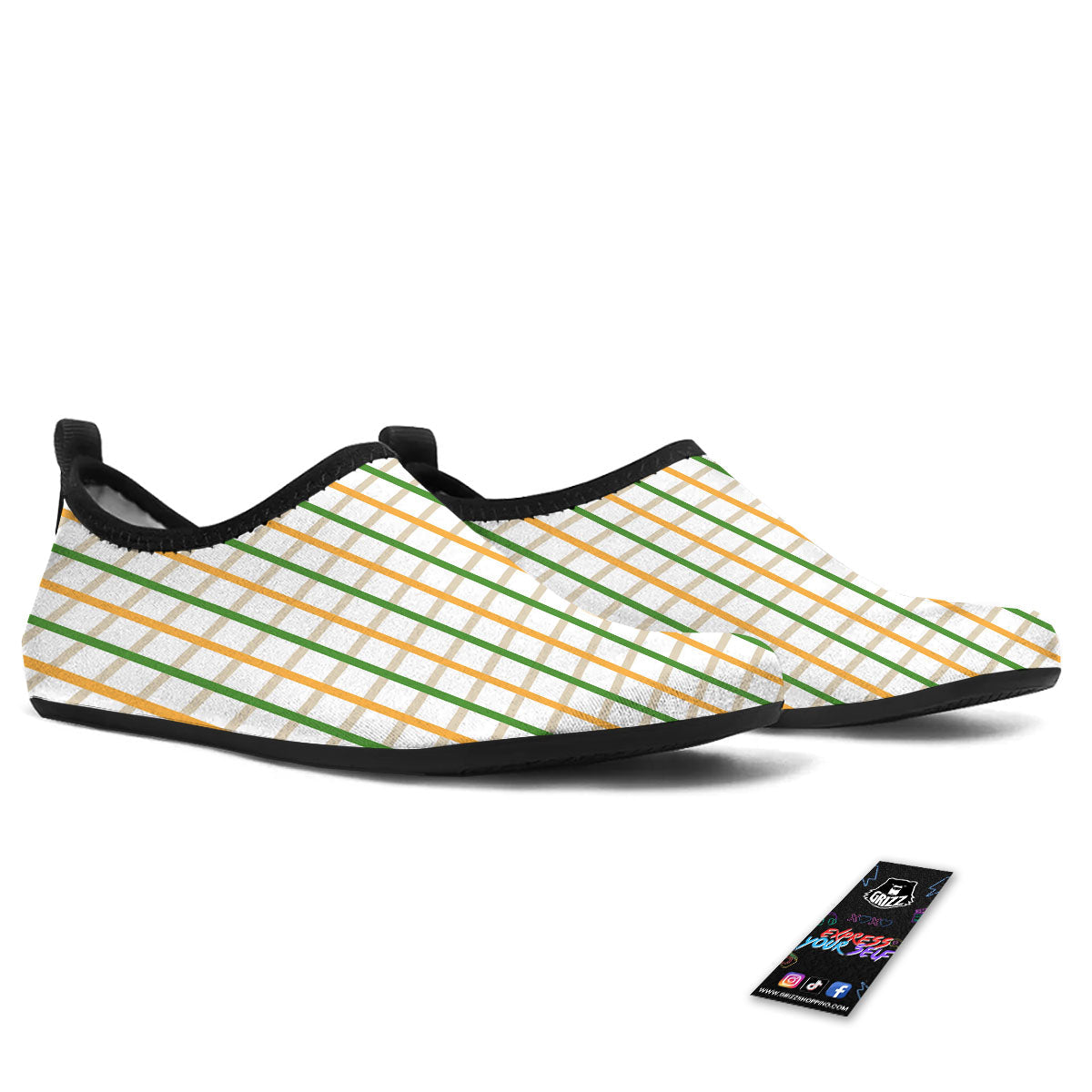 Tattersall Orange And Green Line Print Water Shoes-grizzshop