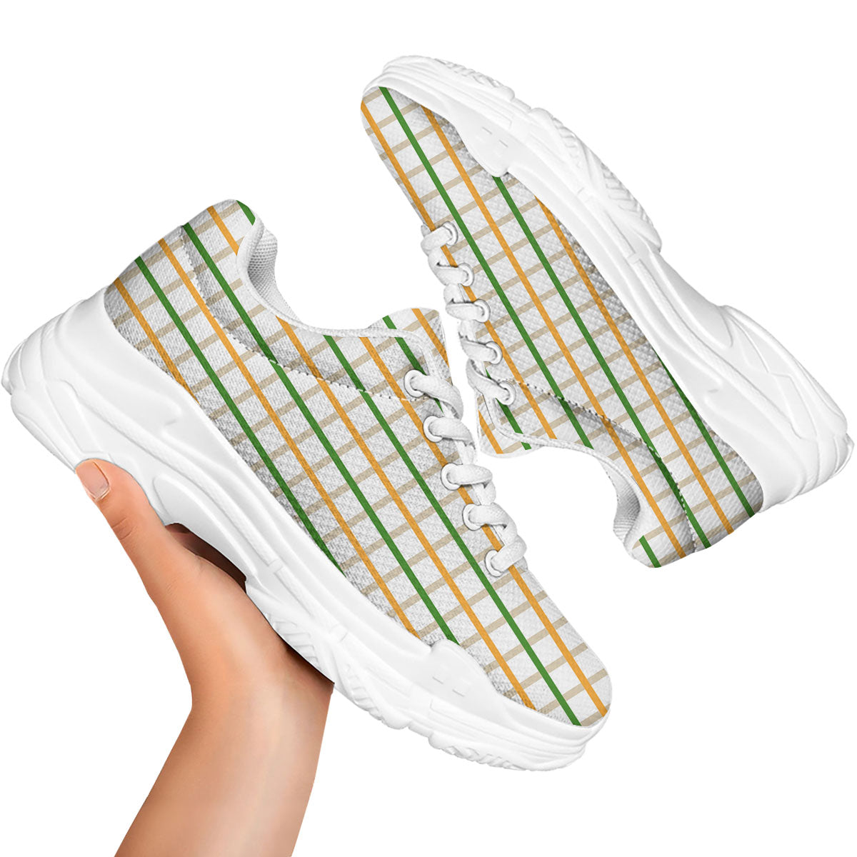 Tattersall Orange And Green Line Print White Chunky Shoes-grizzshop