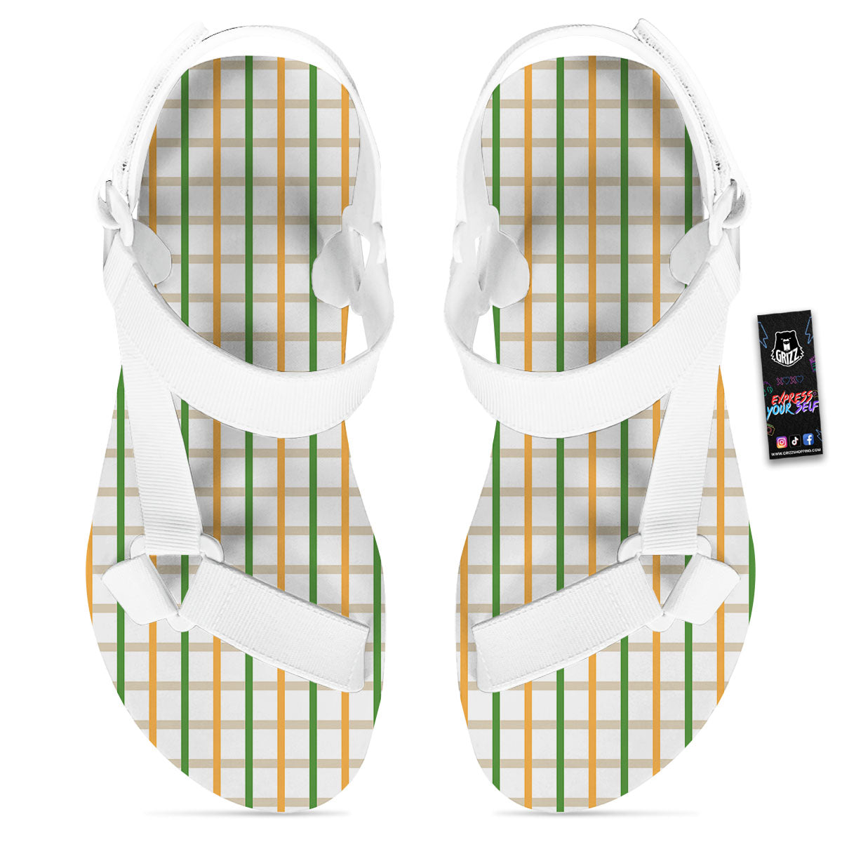 Tattersall Orange And Green Line Print White Open Toe Sandals-grizzshop