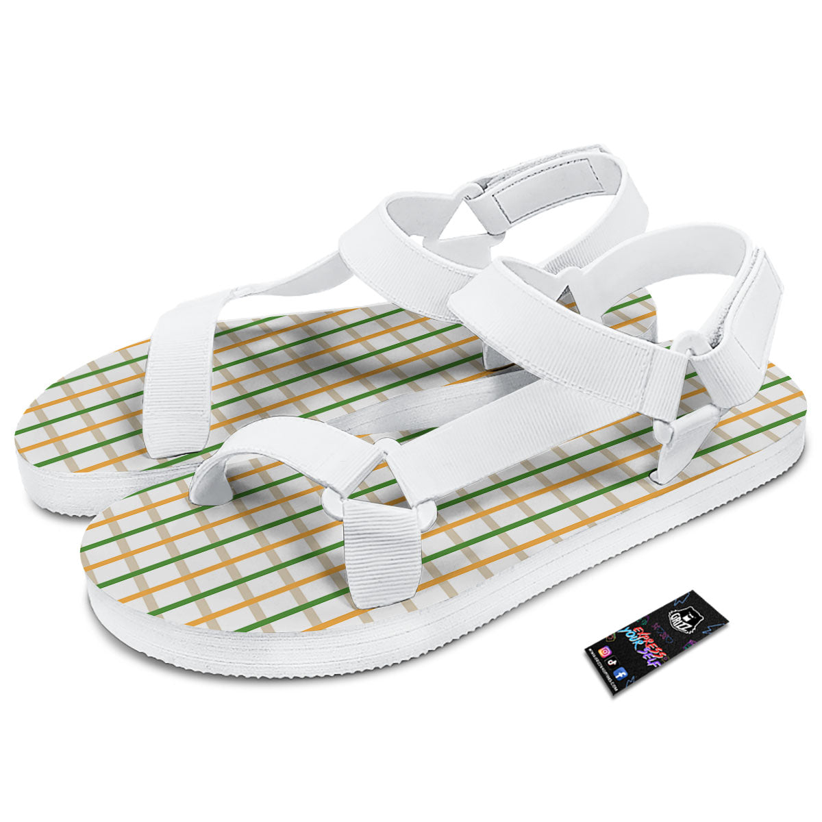 Tattersall Orange And Green Line Print White Open Toe Sandals-grizzshop