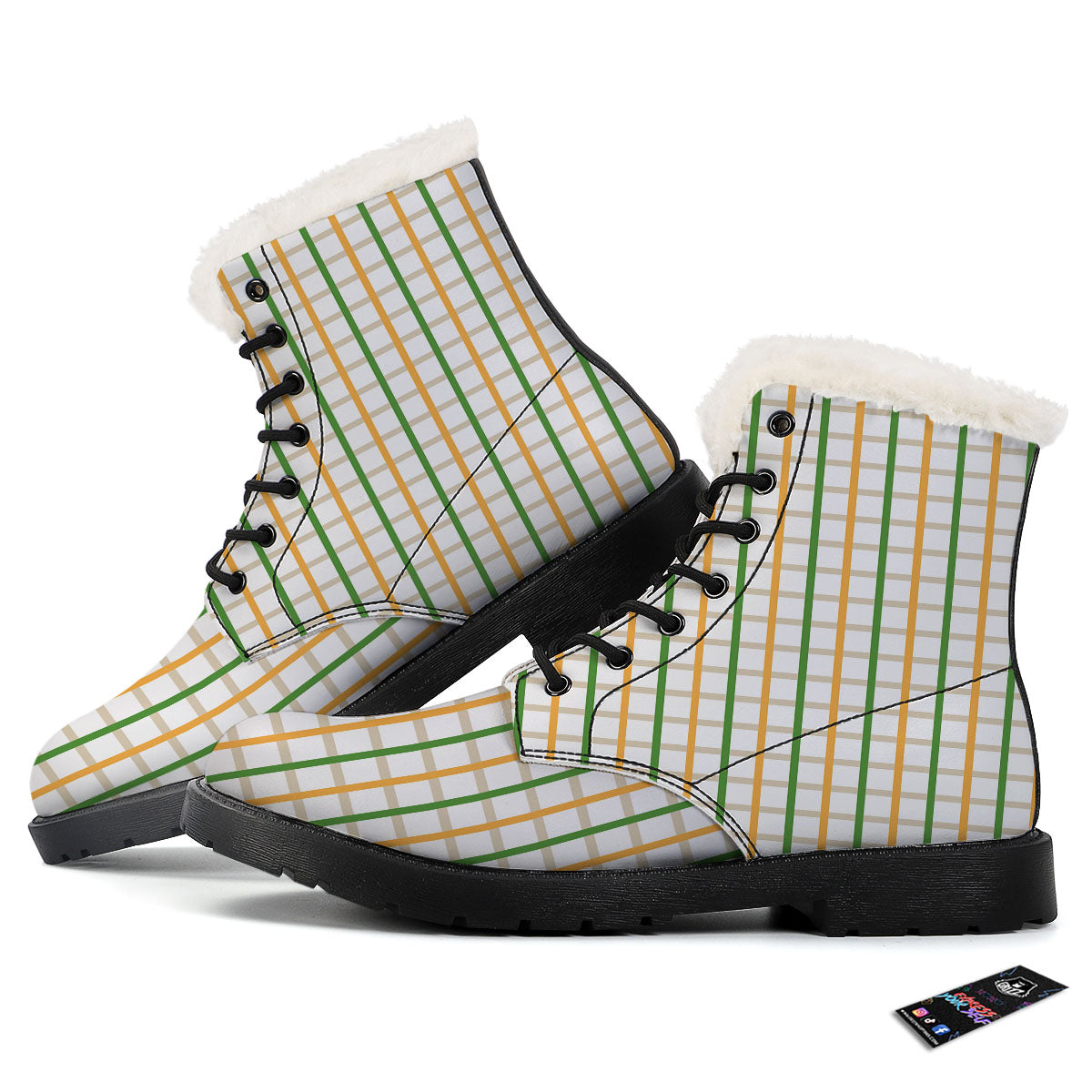 Tattersall Orange And Green Line Print Winter Boots-grizzshop