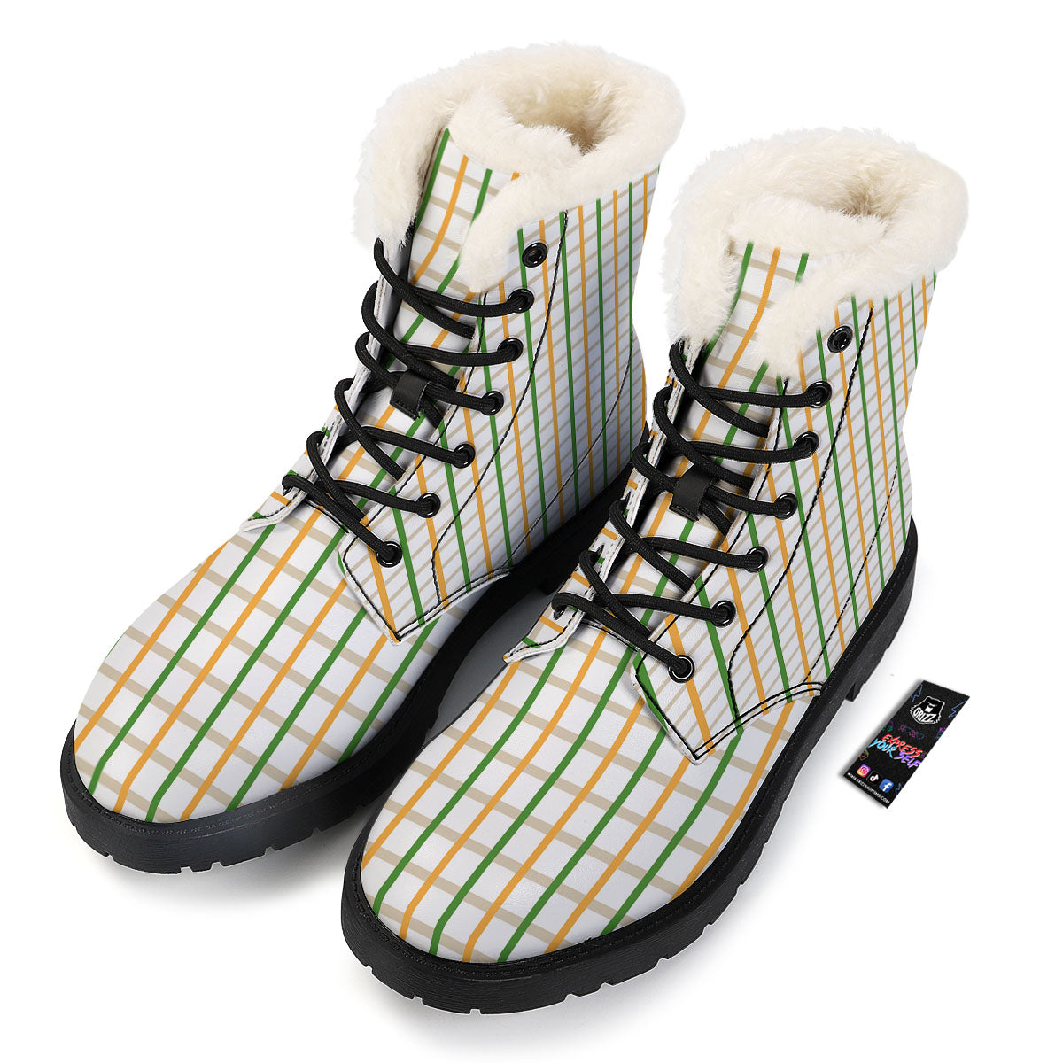 Tattersall Orange And Green Line Print Winter Boots-grizzshop