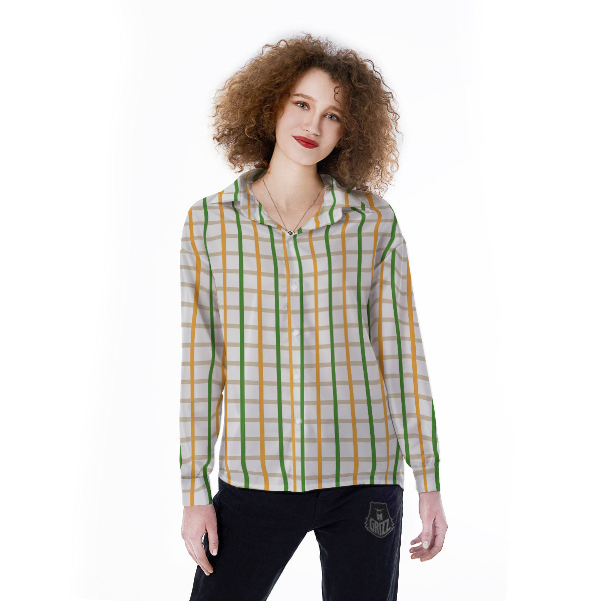 Tattersall Orange And Green Line Print Women's Long Sleeve Shirts-grizzshop