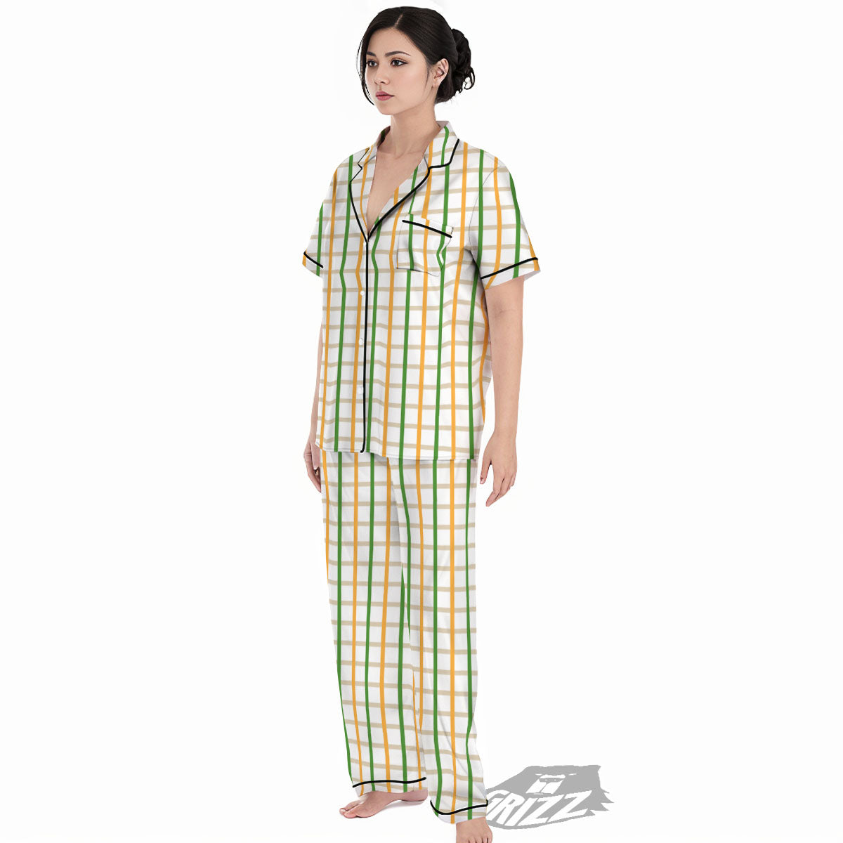 Tattersall Orange And Green Line Print Women's Pajamas Set-grizzshop