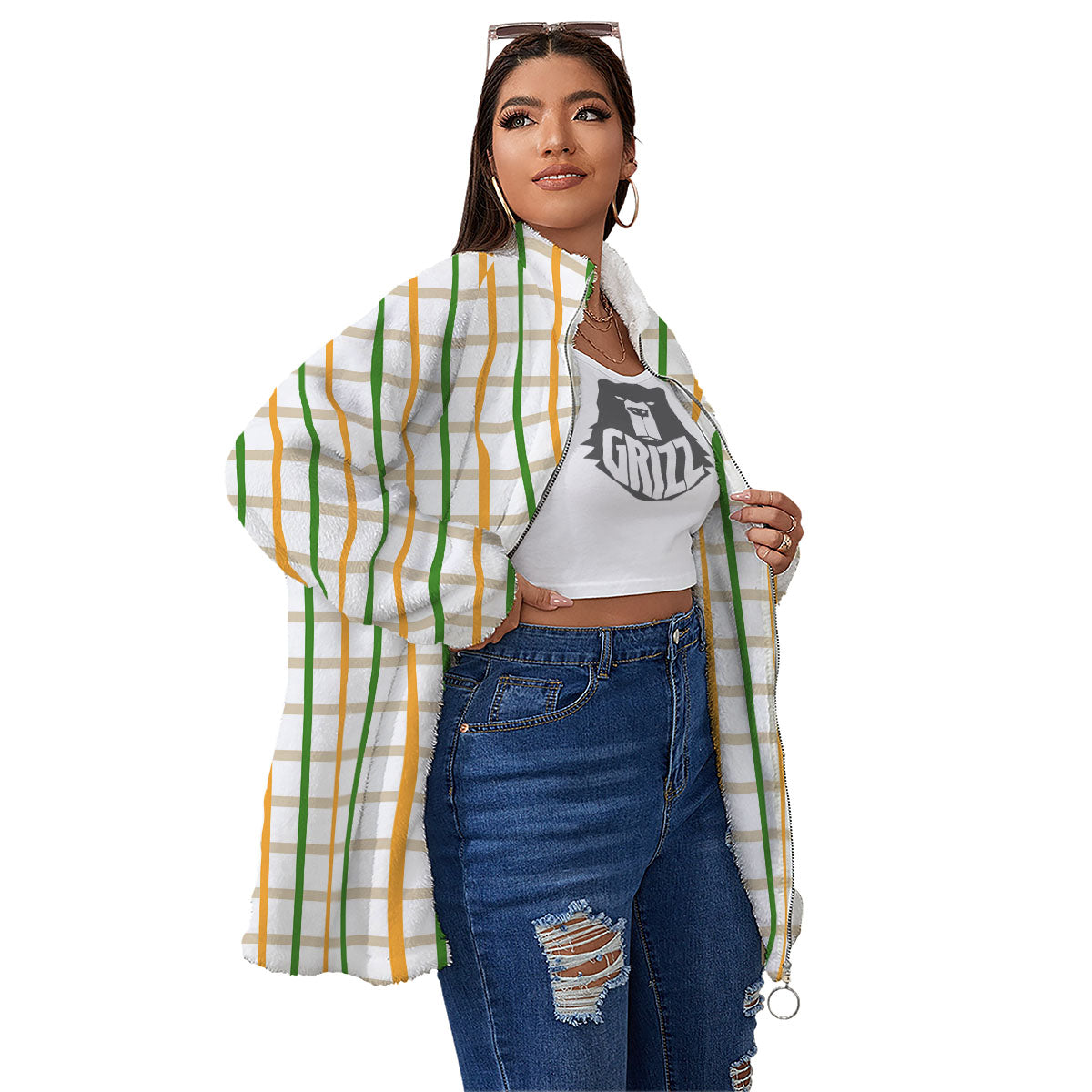 Tattersall Orange And Green Line Print Women's Sherpa Jacket-grizzshop