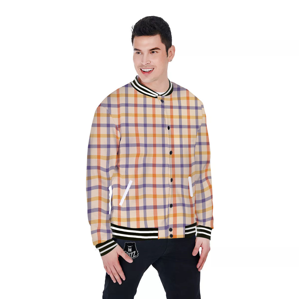 Tattersall Orange And Purple Print Pattern Baseball Jacket-grizzshop