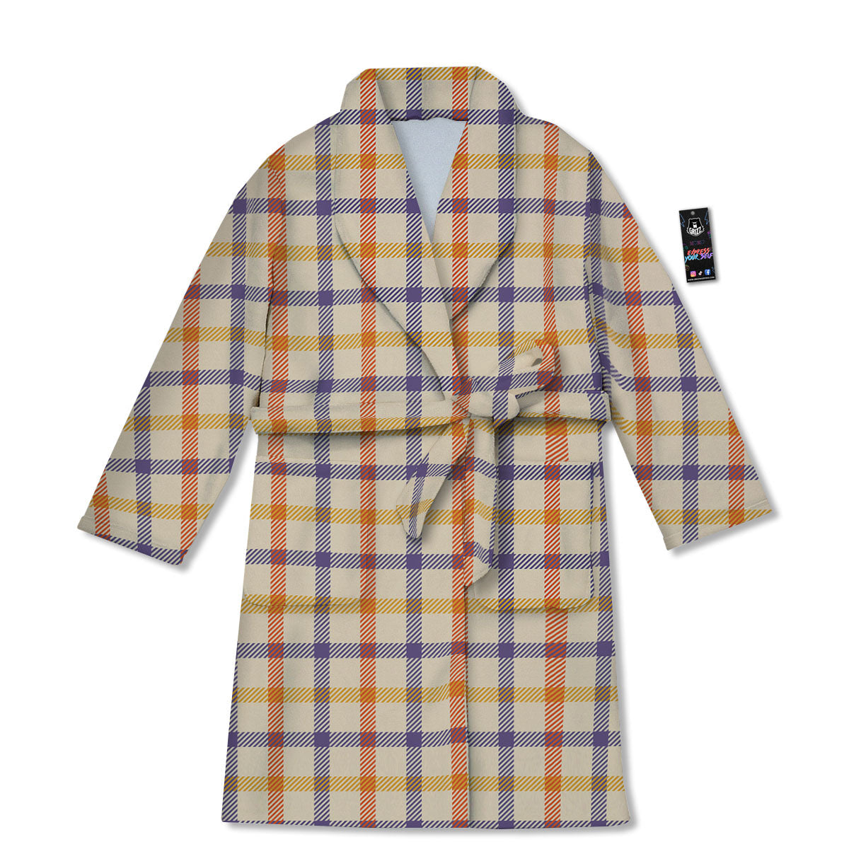 Tattersall Orange And Purple Print Pattern Bathrobe-grizzshop