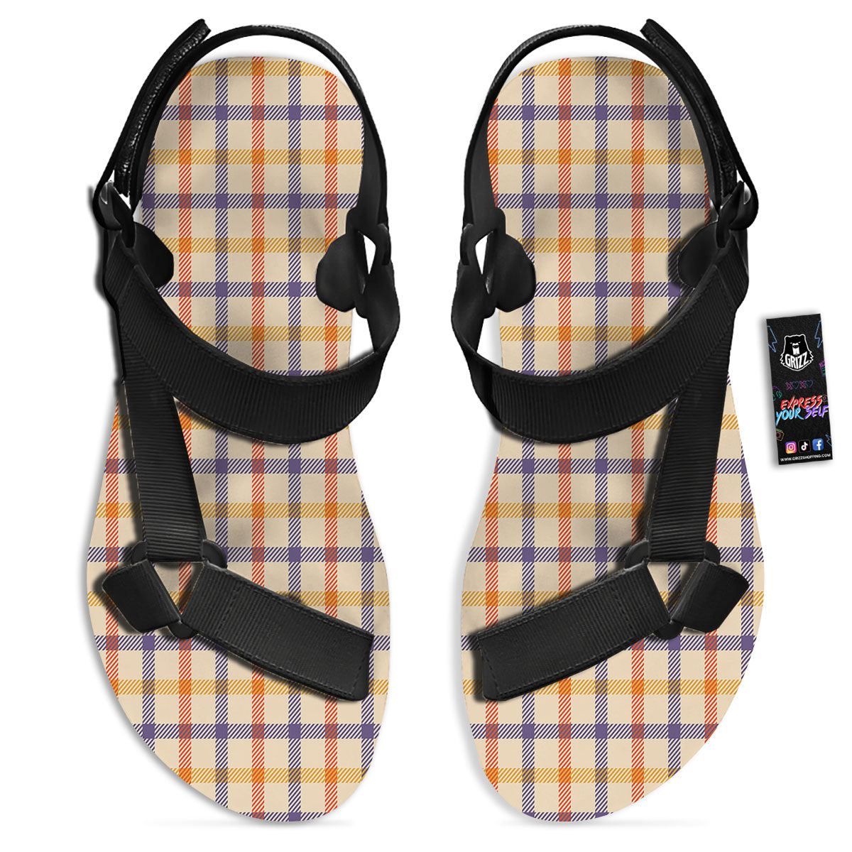 Tattersall Orange And Purple Print Pattern Black Open Toe Sandals-grizzshop