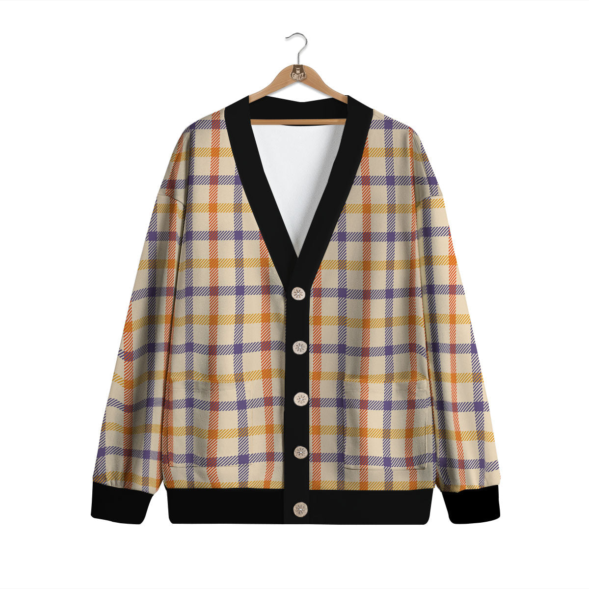 Tattersall Orange And Purple Print Pattern Cardigan-grizzshop