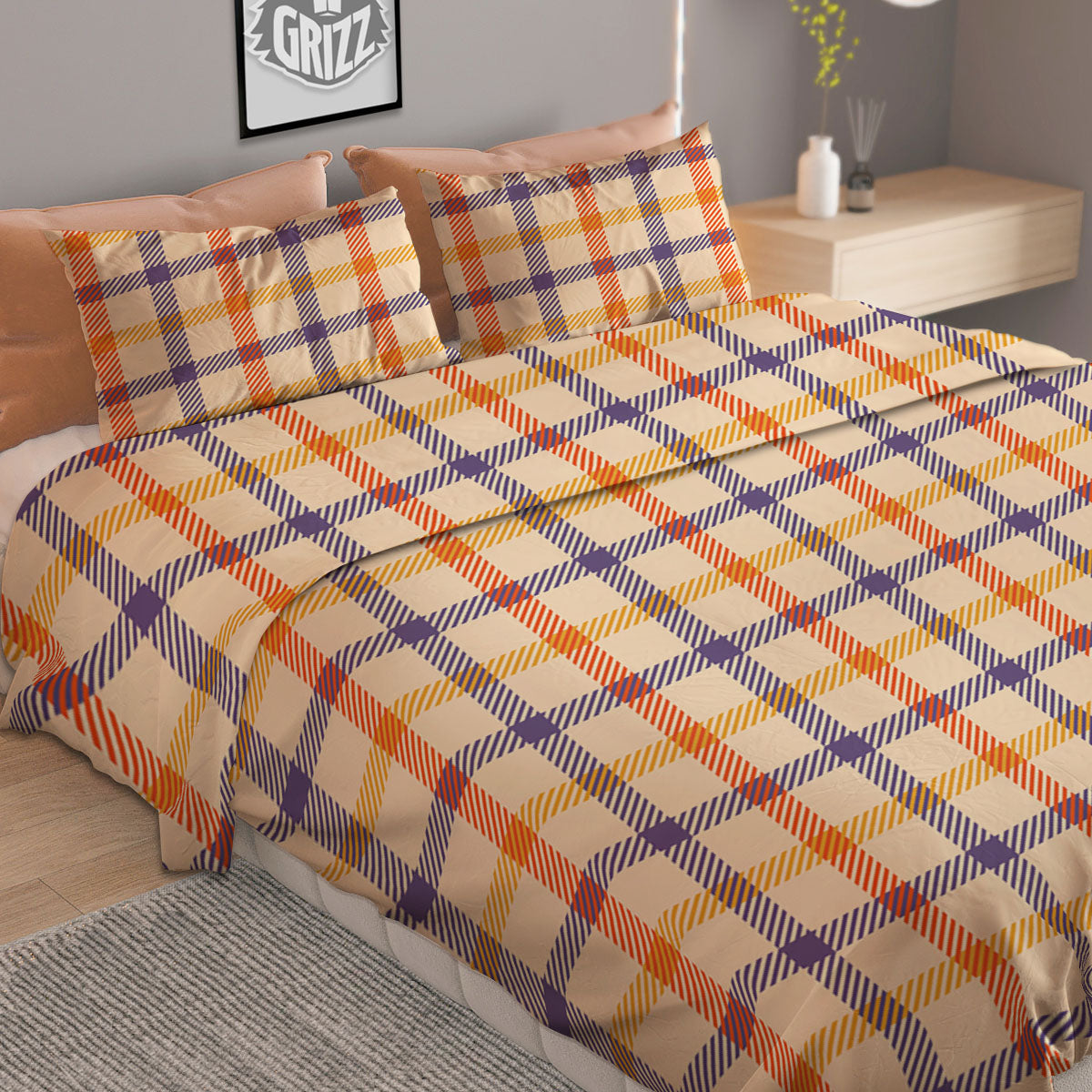 Tattersall Orange And Purple Print Pattern Duvet Cover Bedding Set
