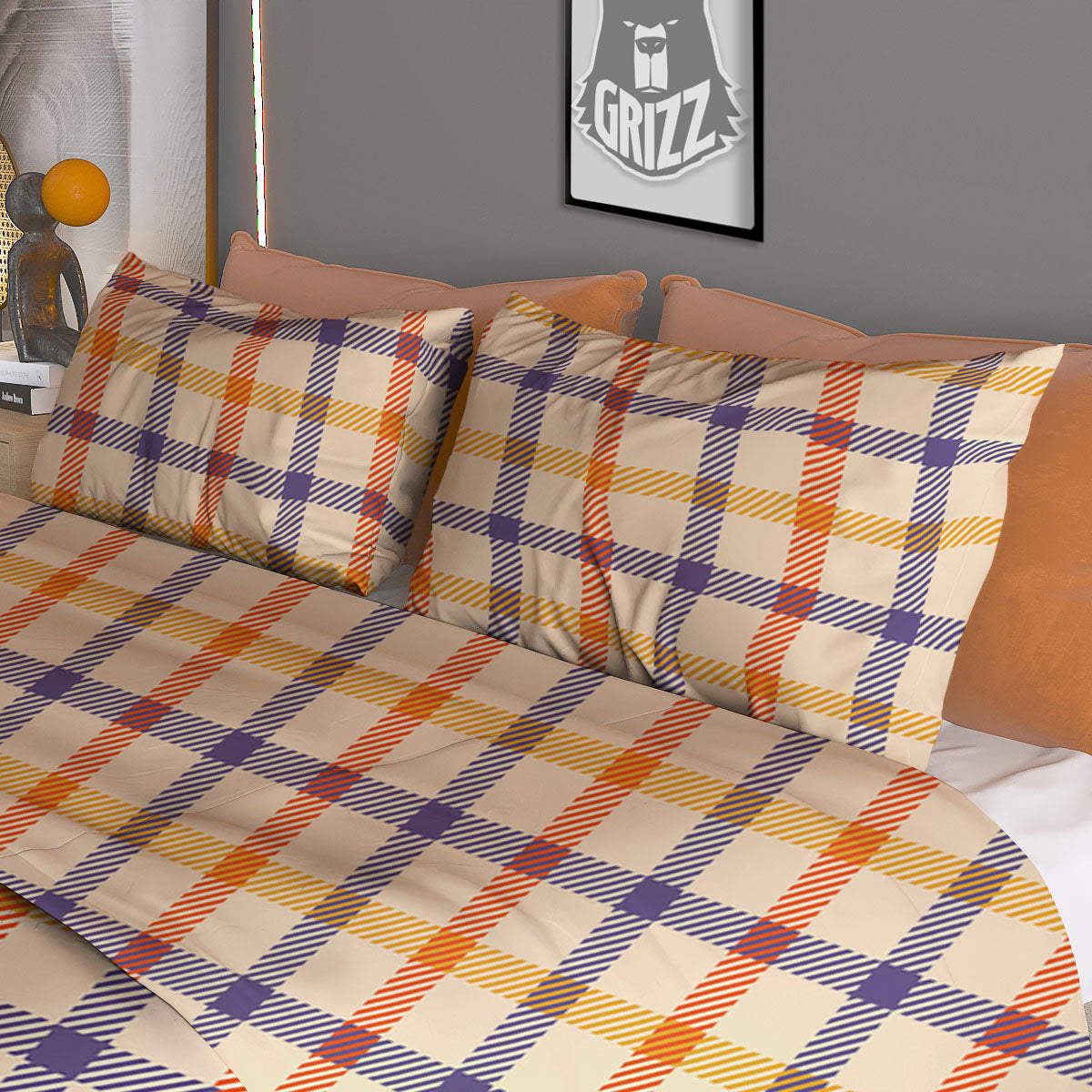 Tattersall Orange And Purple Print Pattern Duvet Cover Bedding Set