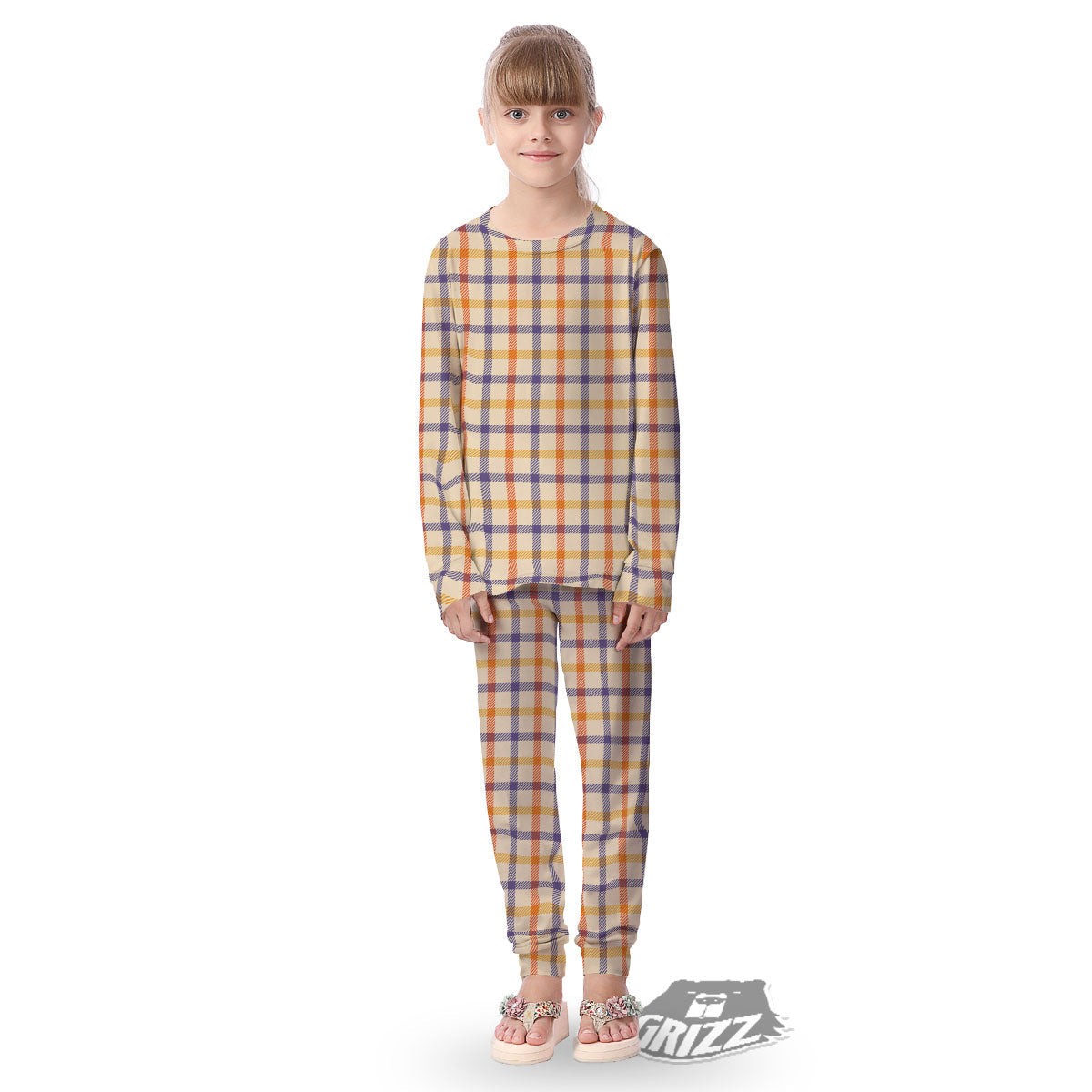 Tattersall Orange And Purple Print Pattern Kid's Pajamas-grizzshop
