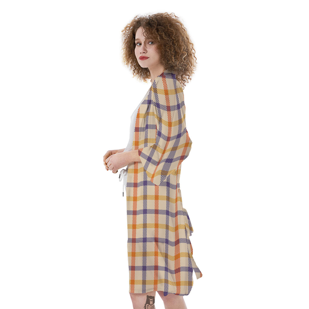 Tattersall Orange And Purple Print Pattern Kimono-grizzshop