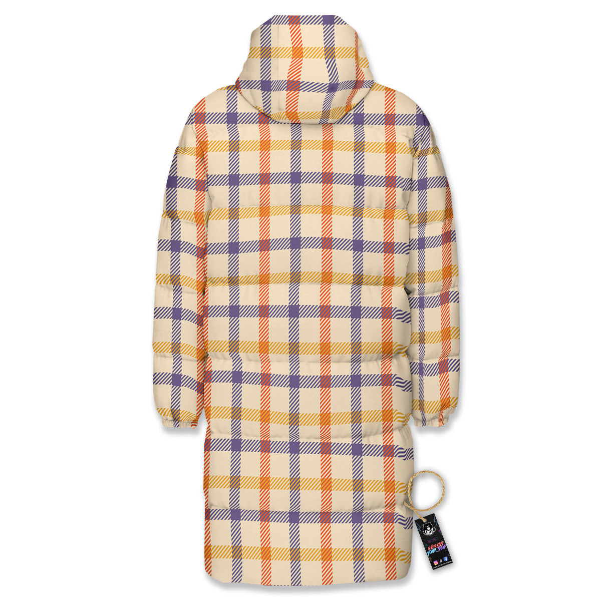 Tattersall Orange And Purple Print Pattern Long Down Jacket-grizzshop