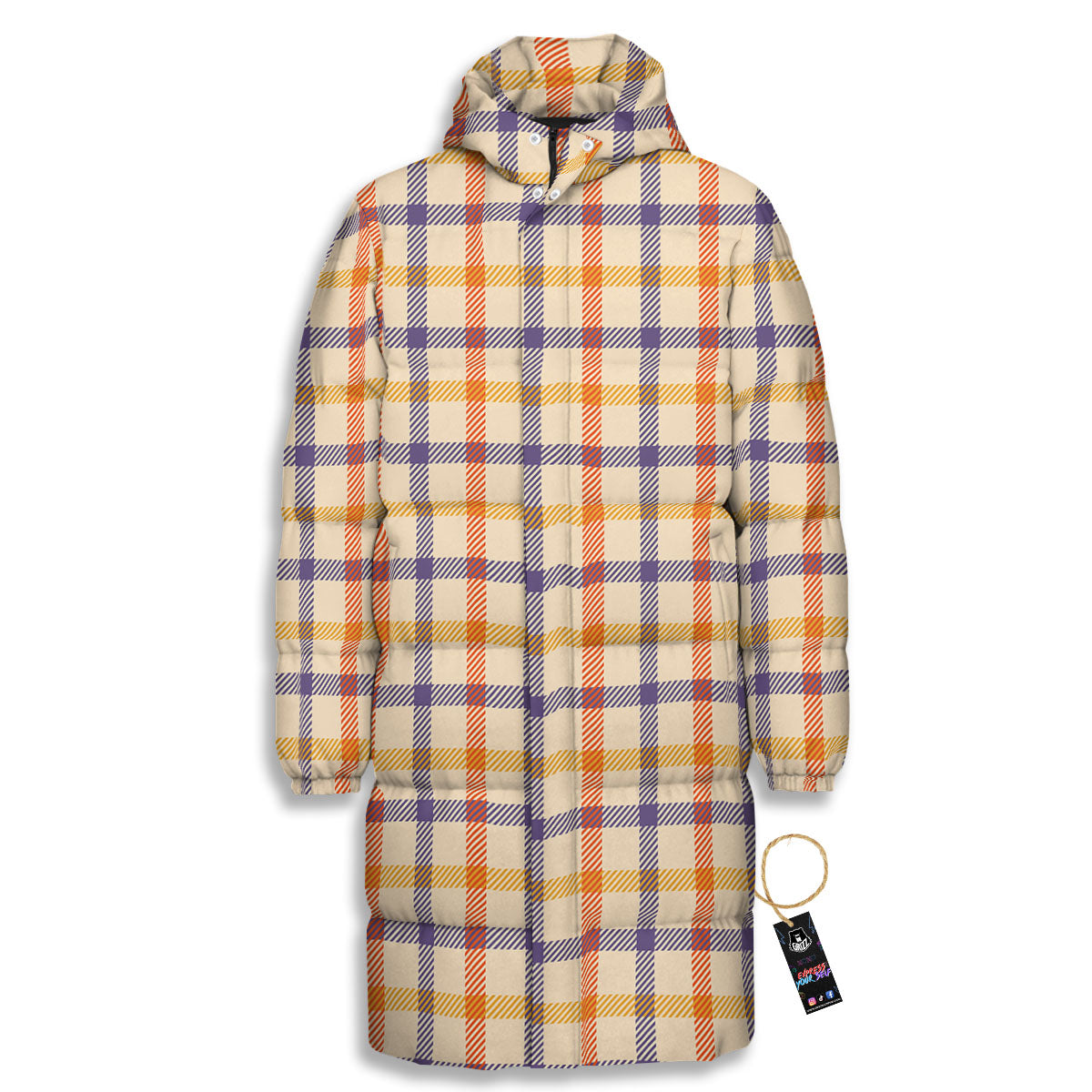 Tattersall Orange And Purple Print Pattern Long Down Jacket-grizzshop