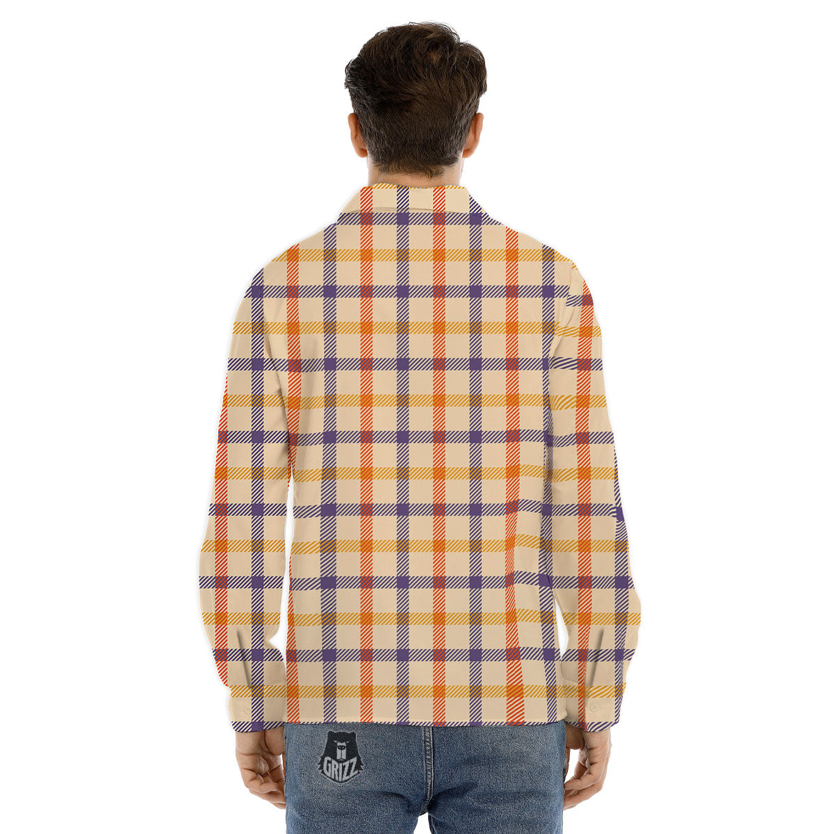 Tattersall Orange And Purple Print Pattern Men's Dress Shirts-grizzshop