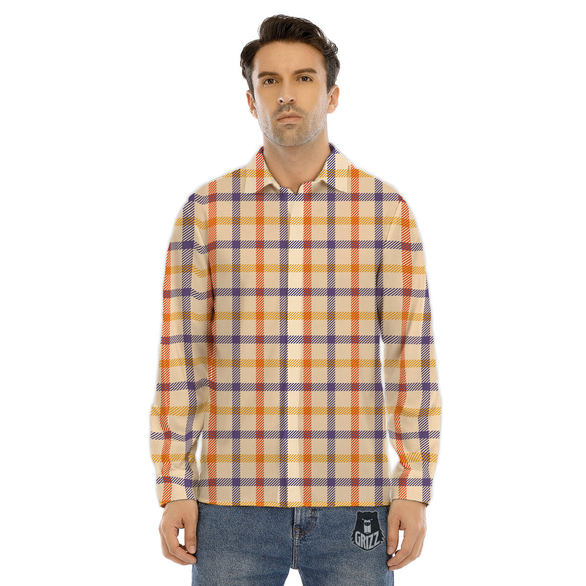 Tattersall Orange And Purple Print Pattern Men's Dress Shirts-grizzshop