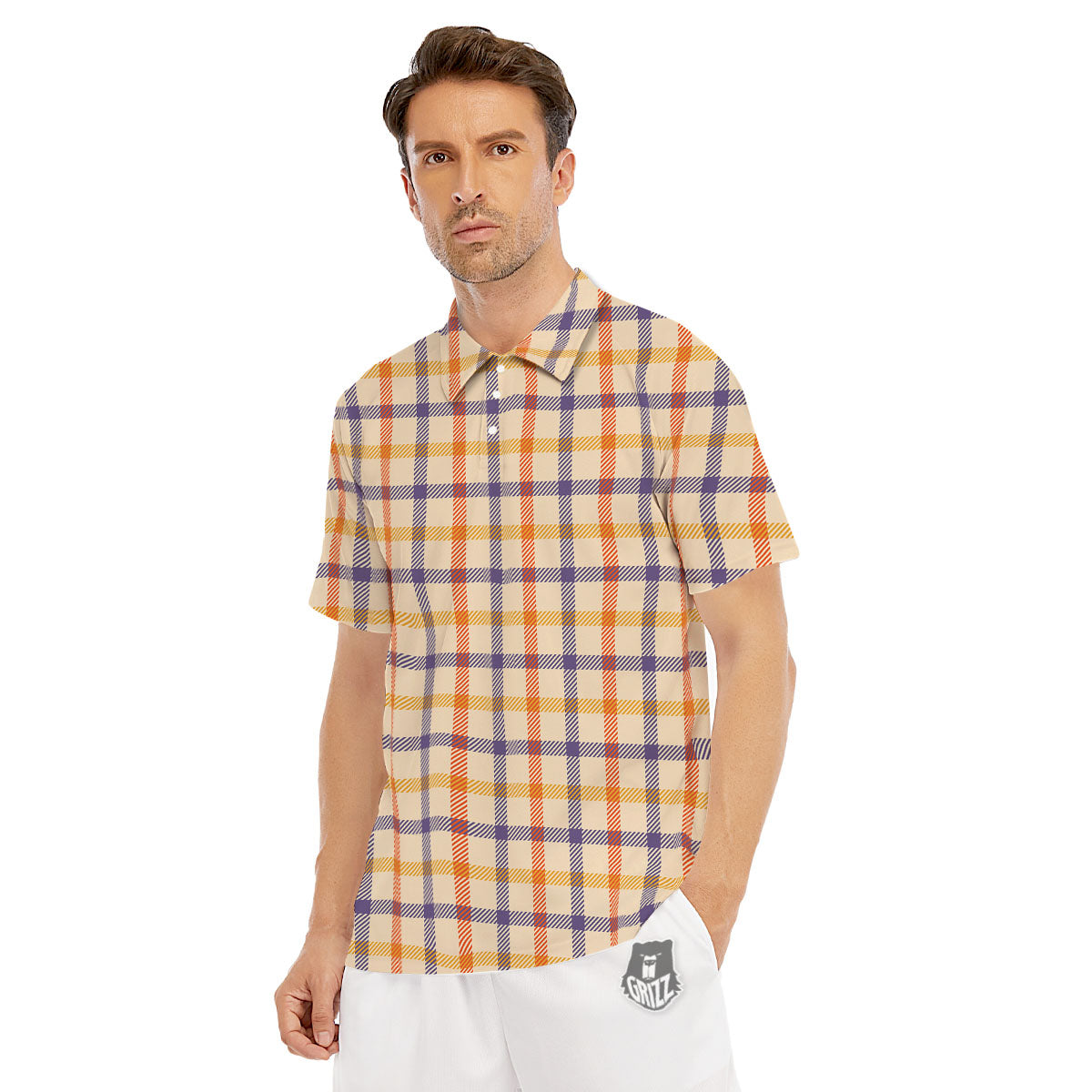 Tattersall Orange And Purple Print Pattern Men's Golf Shirts-grizzshop