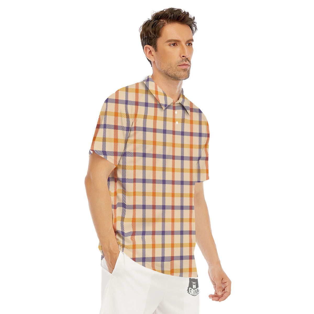 Tattersall Orange And Purple Print Pattern Men's Golf Shirts-grizzshop