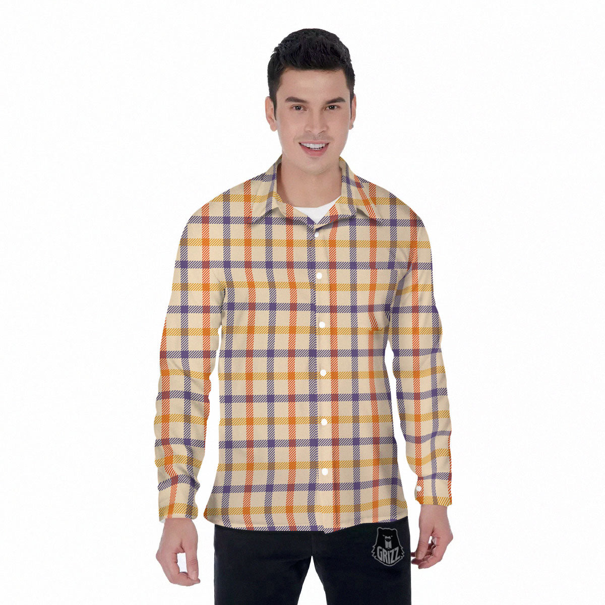 Tattersall Orange And Purple Print Pattern Men's Long Sleeve Shirts-grizzshop