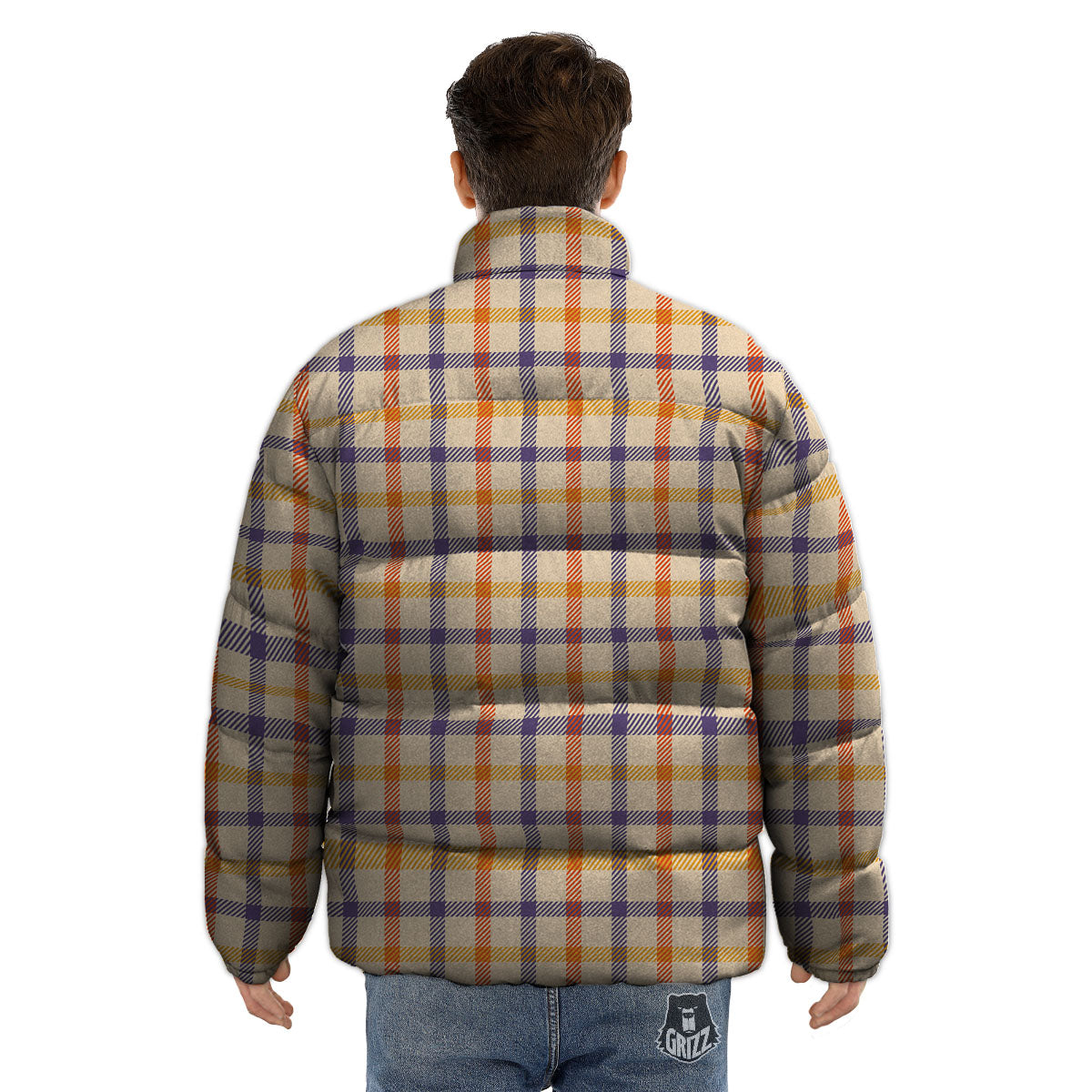 Tattersall Orange And Purple Print Pattern Puffer Jacket-grizzshop