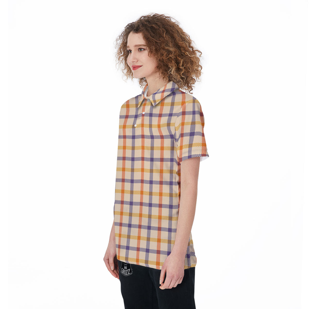 Tattersall Orange And Purple Print Pattern Women's Golf Shirts-grizzshop