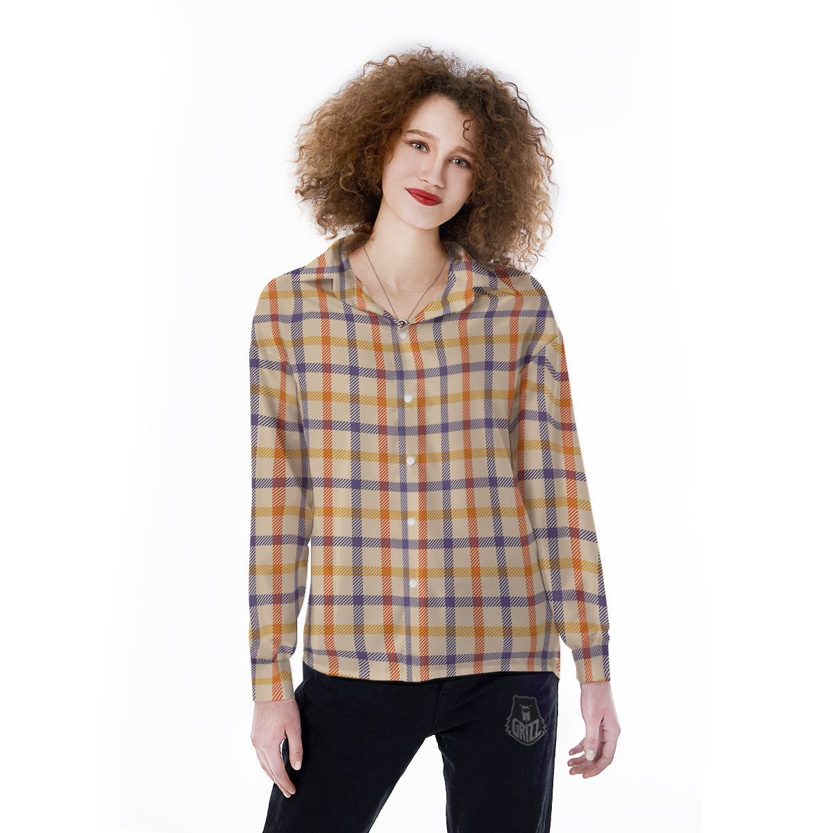 Tattersall Orange And Purple Print Pattern Women's Long Sleeve Shirts-grizzshop