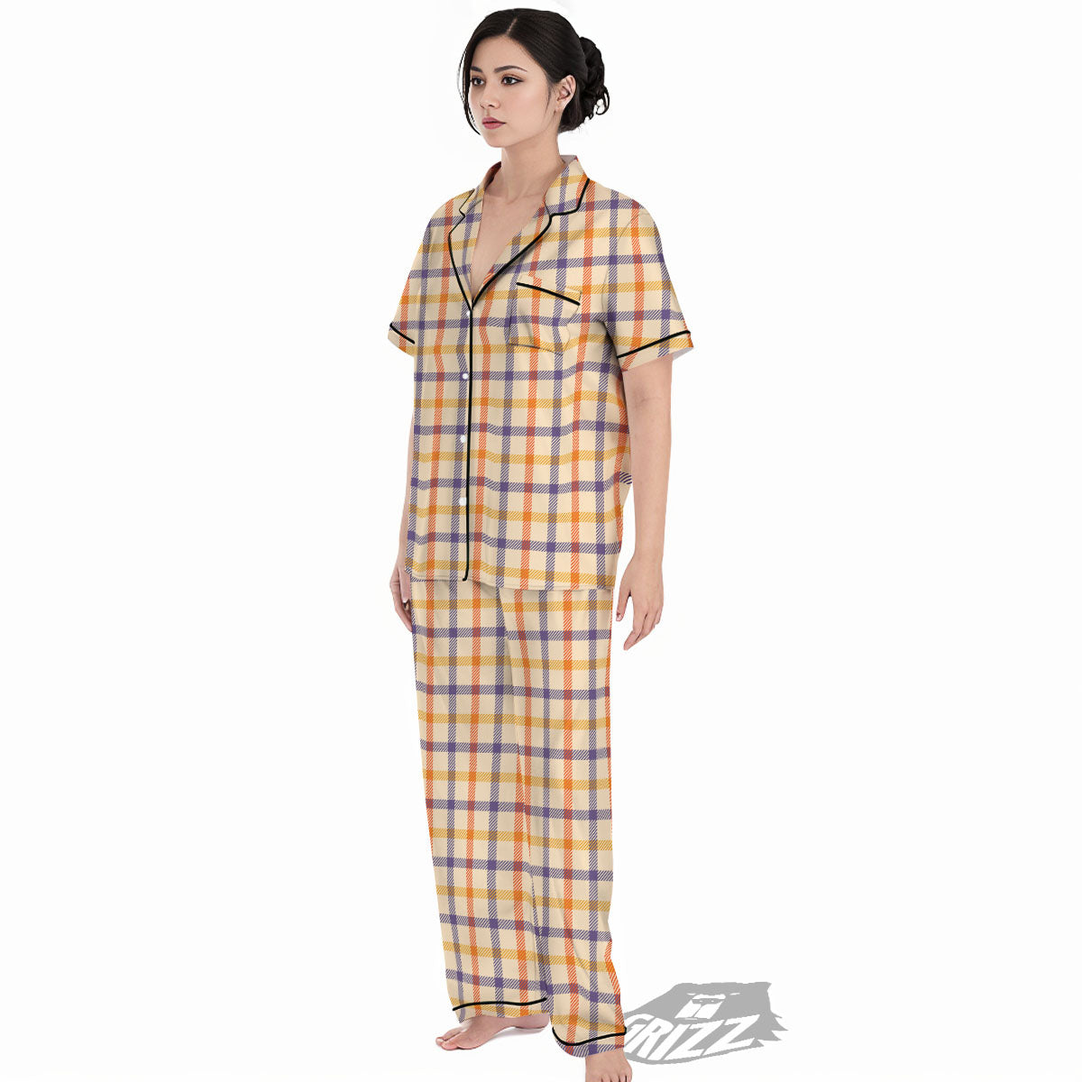 Tattersall Orange And Purple Print Pattern Women's Pajamas Set-grizzshop
