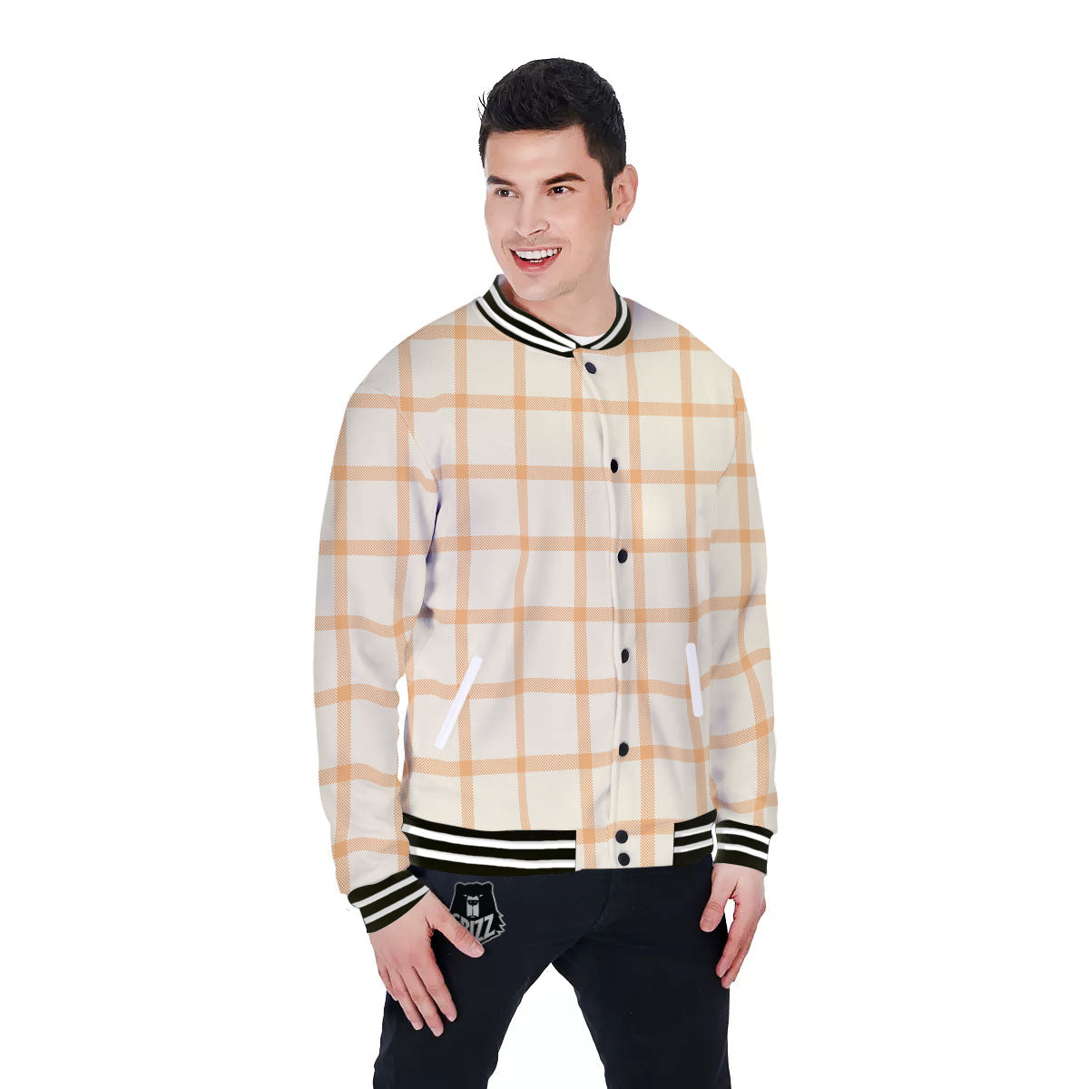 Tattersall Orange Pastel Print Pattern Baseball Jacket-grizzshop