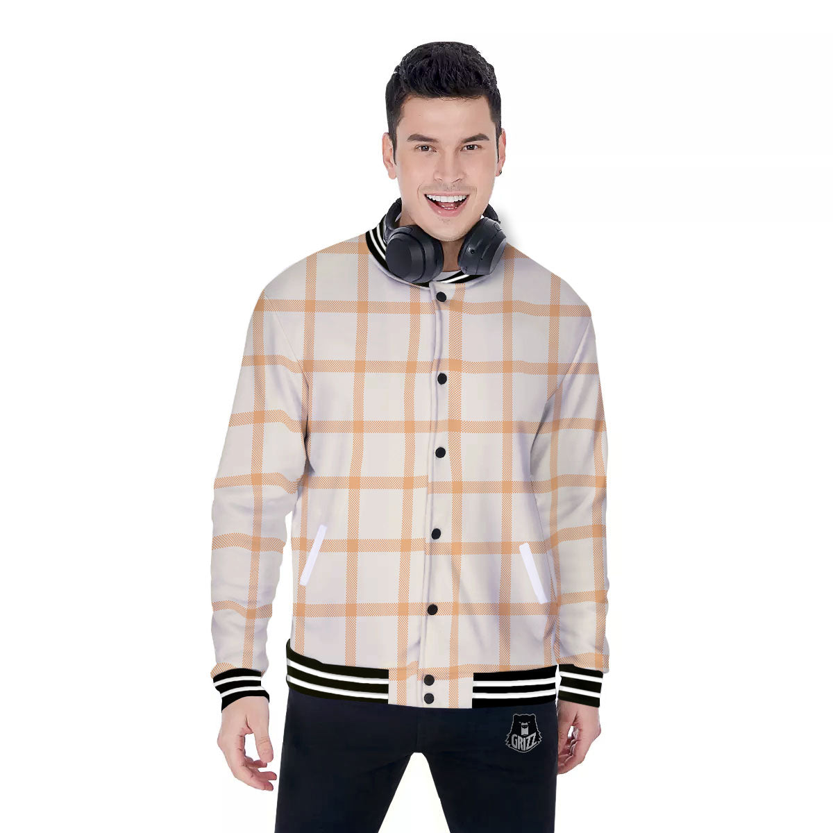 Tattersall Orange Pastel Print Pattern Baseball Jacket-grizzshop