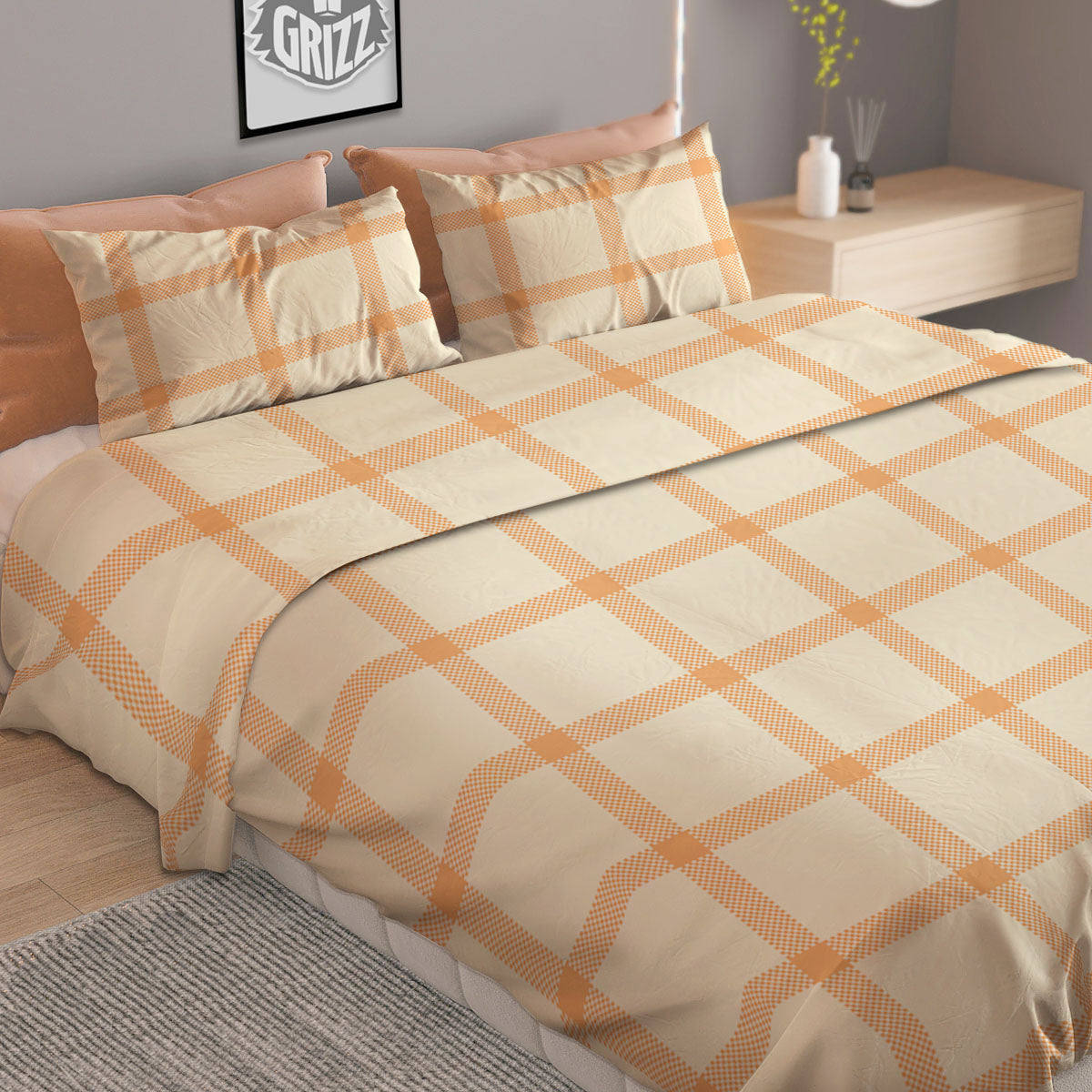 Tattersall Orange Pastel Print Pattern Duvet Cover Bedding Set