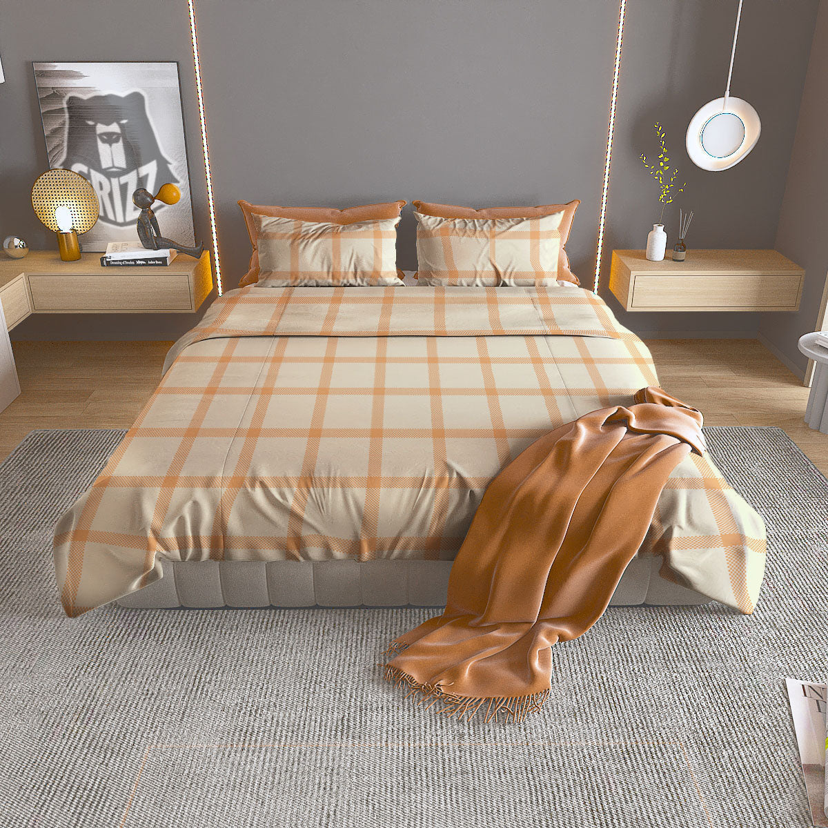 Tattersall Orange Pastel Print Pattern Duvet Cover Bedding Set