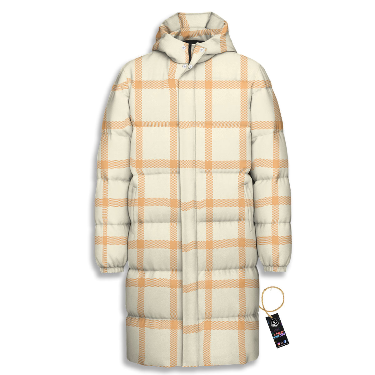 Tattersall Orange Pastel Print Pattern Long Down Jacket-grizzshop