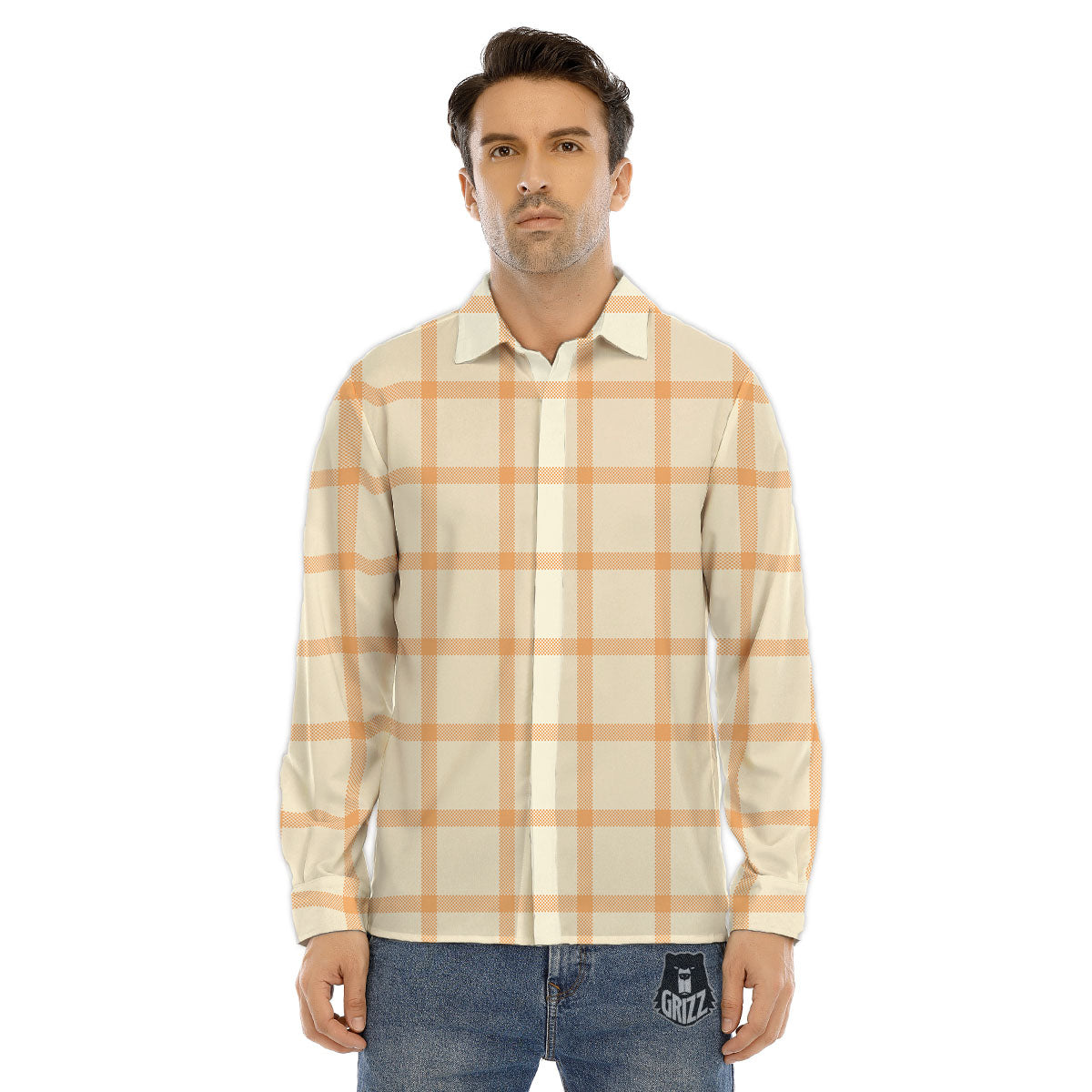 Tattersall Orange Pastel Print Pattern Men's Dress Shirts-grizzshop