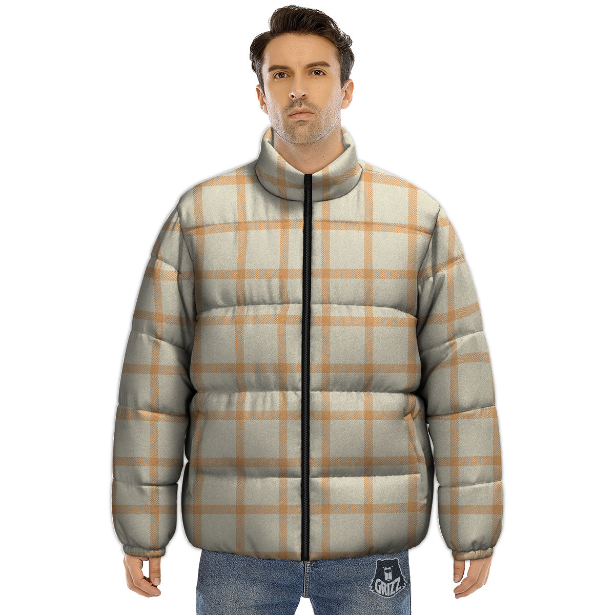 Tattersall Orange Pastel Print Pattern Puffer Jacket-grizzshop
