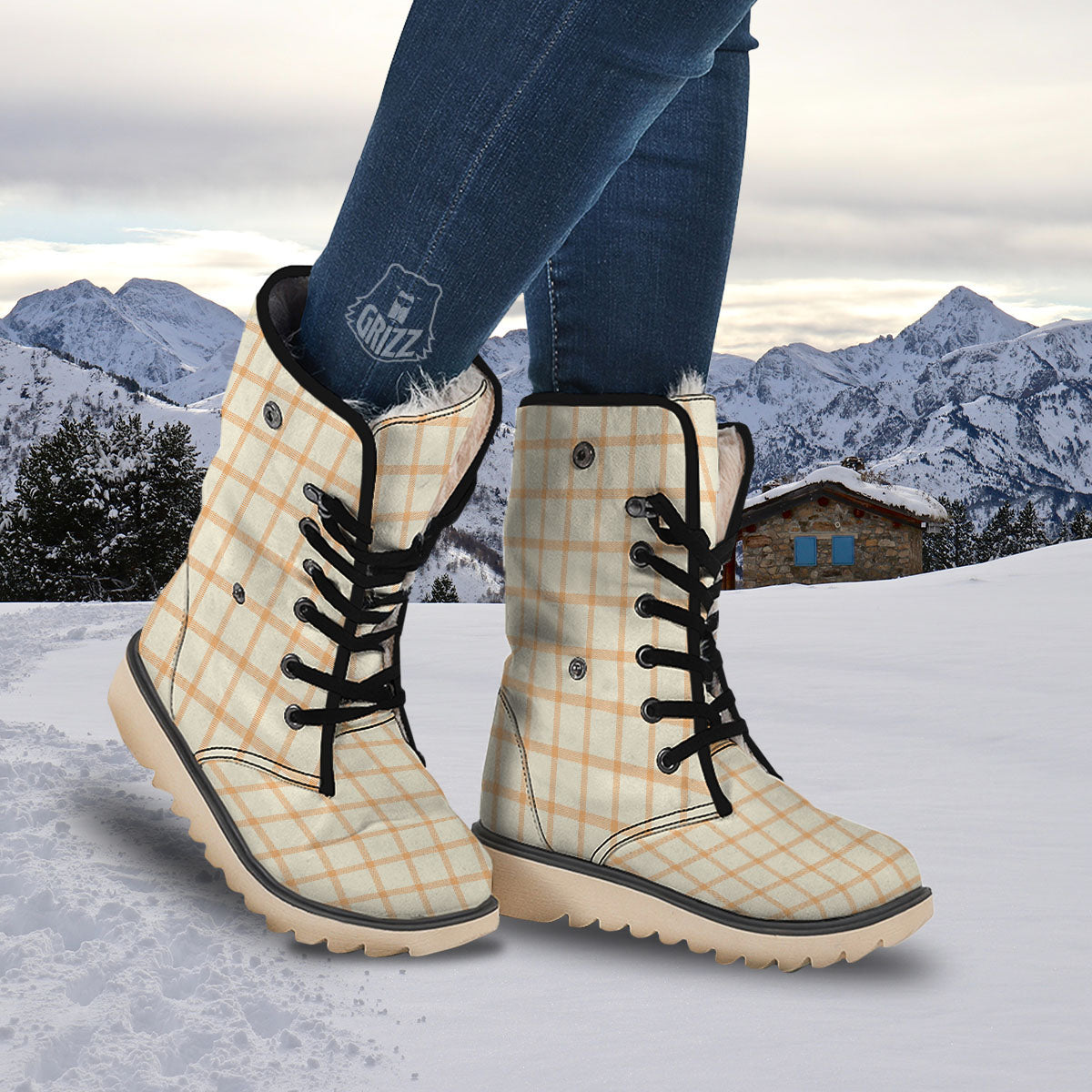 Tattersall Orange Pastel Print Pattern Snow Boots-grizzshop