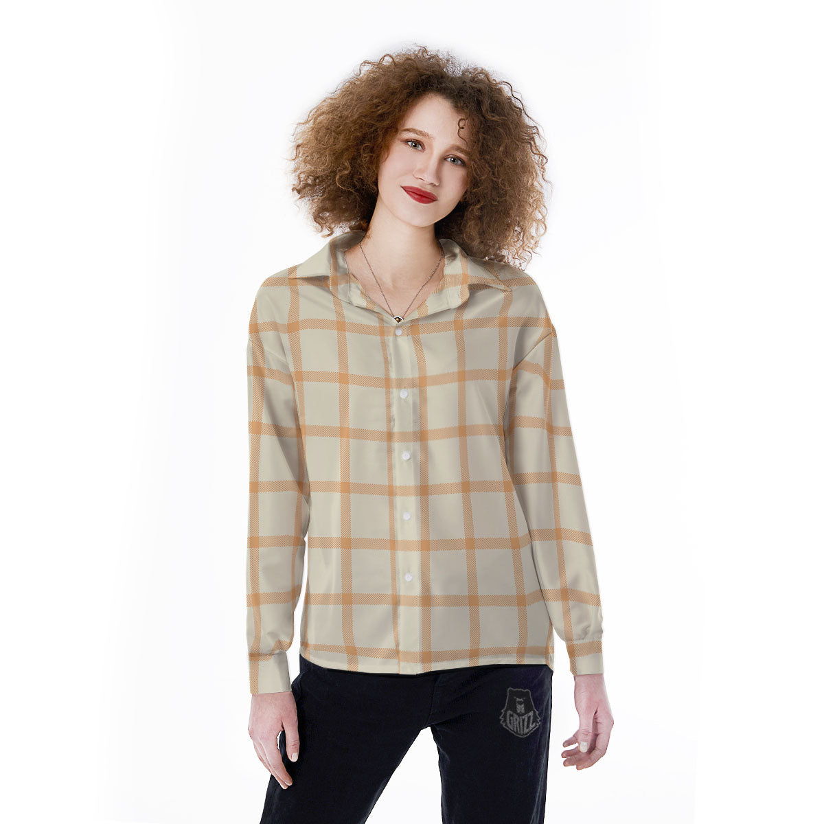Tattersall Orange Pastel Print Pattern Women's Long Sleeve Shirts-grizzshop