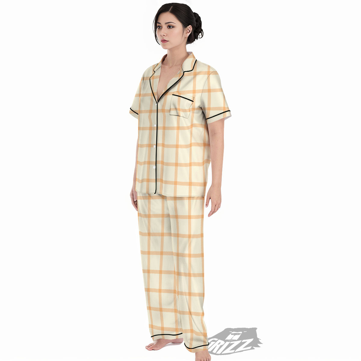 Tattersall Orange Pastel Print Pattern Women's Pajamas Set-grizzshop