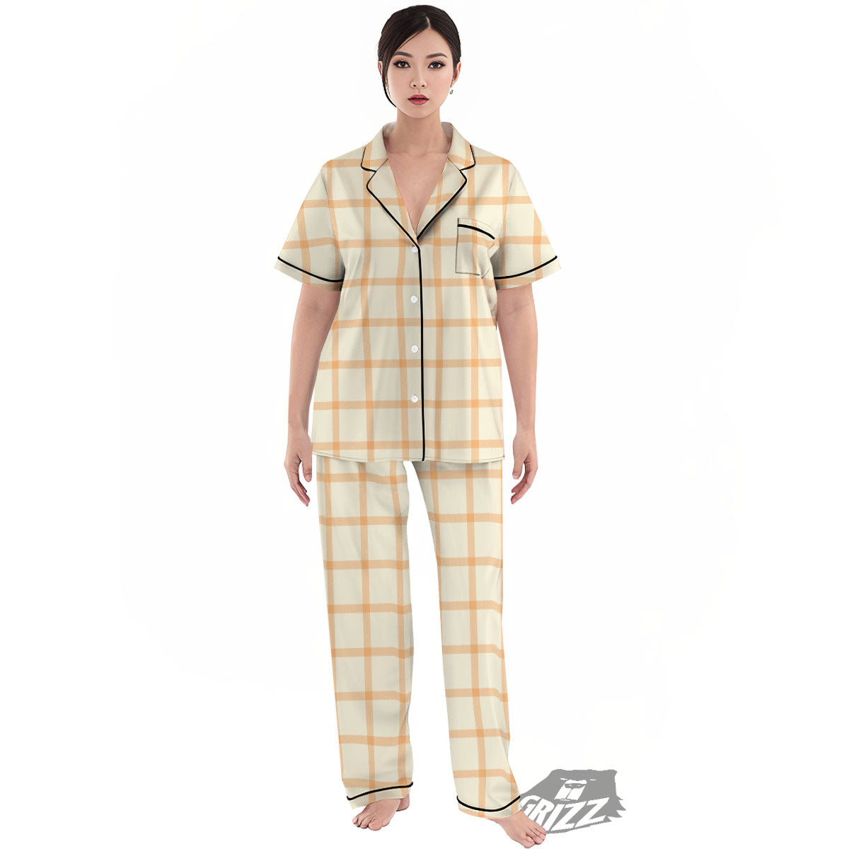 Tattersall Orange Pastel Print Pattern Women's Pajamas Set-grizzshop