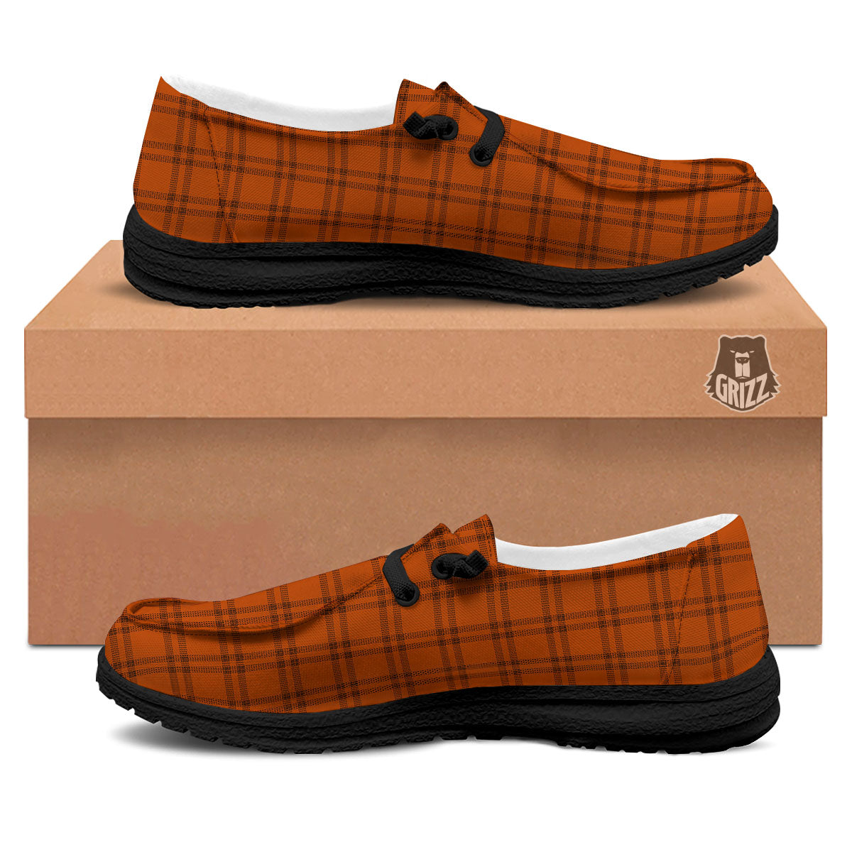 Tattersall Orange Print Pattern Black Loafers-grizzshop